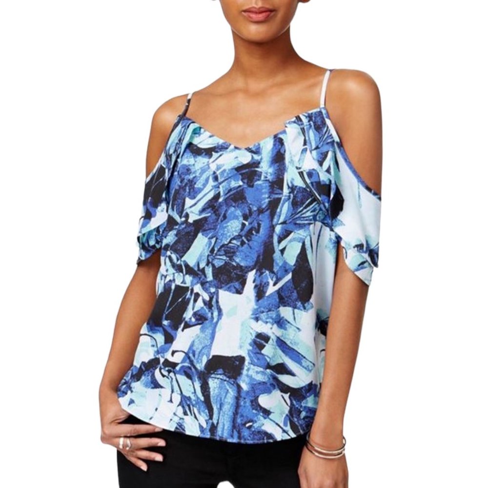 Bar III NEW Draped Off-The-Shoulder Tropical Blue Print Spaghetti Strap Top (XS)